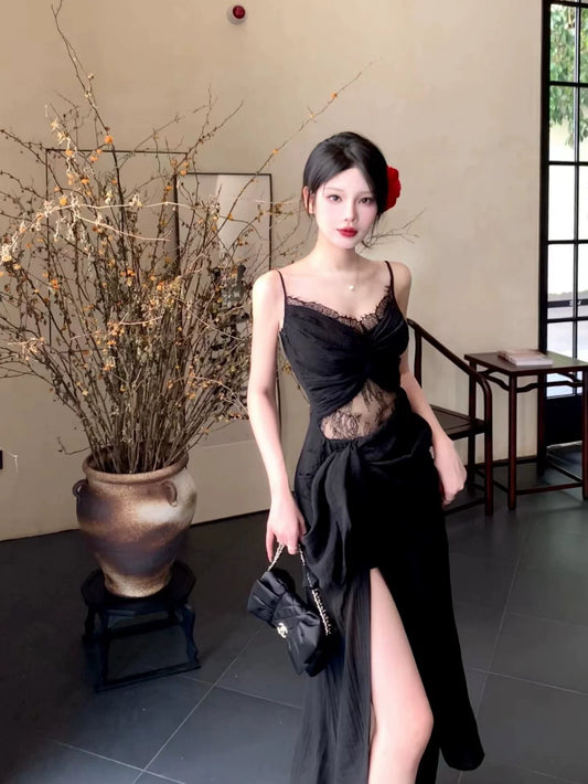 Black retro lace dress summer party dress S6052