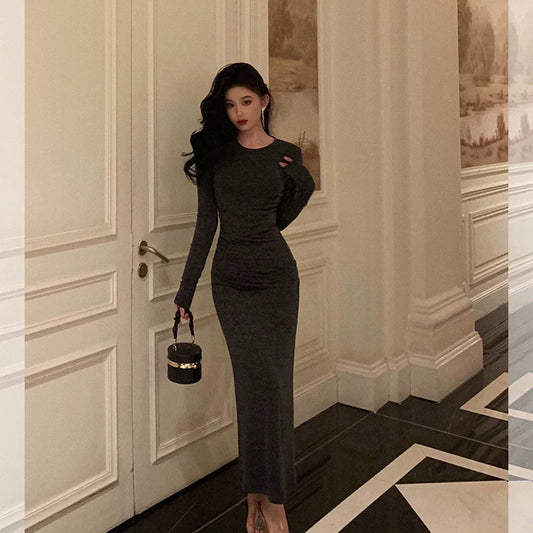 Gray long-sleeved dress for women new pleated long party dress S5689