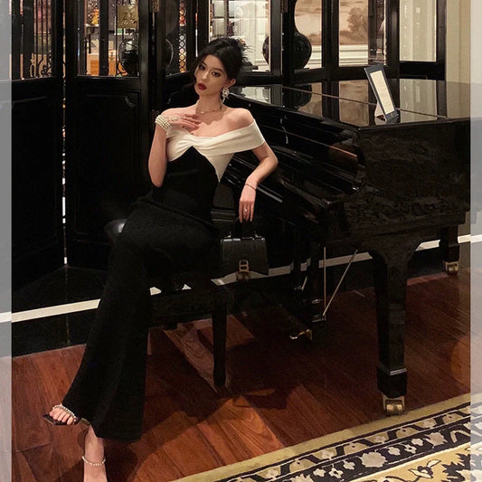 Black and white off-shoulder dress for women new banquet long party dress S5661