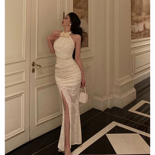 Flower lace halter neck top + pleated hip-wrapped slit skirt two-piece suit for women party dress S5701