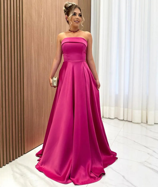 Elegant Long Fuchsia Satin Prom Dresses With Pockets A-Line Strapless Floor Length Lace Up Back Sweep Train Evening Party Gowns S6287