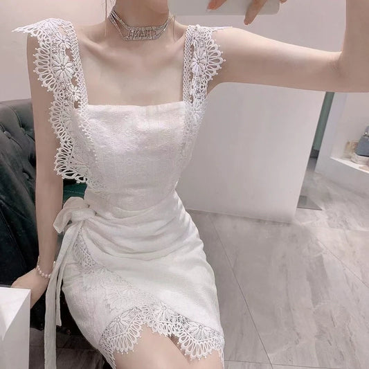 sleeveless white lace short party dress S5839