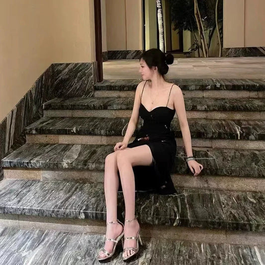 Sexy black floral suspender dress for women long party dress S5789