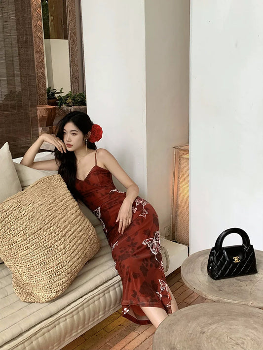Retro red butterfly print V-neck dress for women summer long party dress S5730
