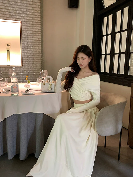 Apricot cross design long sleeve top for women A-line long dress S5723