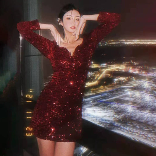 Birthday party dress luxury red sequin dress S5828