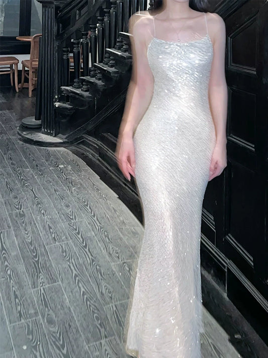Silver evening dress luxury sequin dress birthday party dress S5948