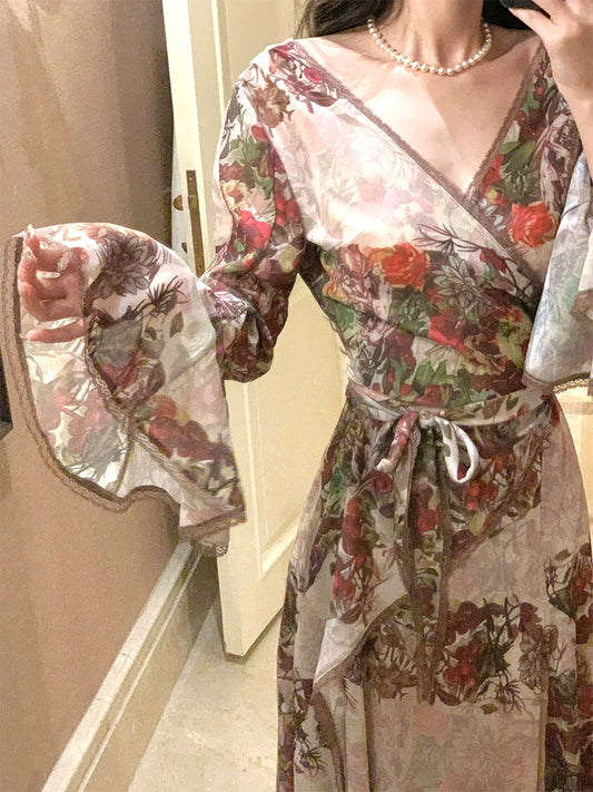 French retro printed dress layered long evening party dress S5987