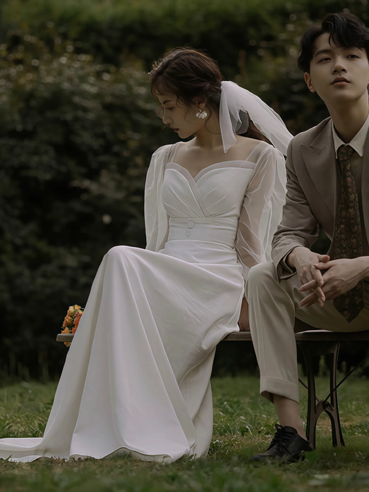 White With Small Train Satin Wedding Dress Sweet Lantern Sleeve Elegant A-line Gown S5437