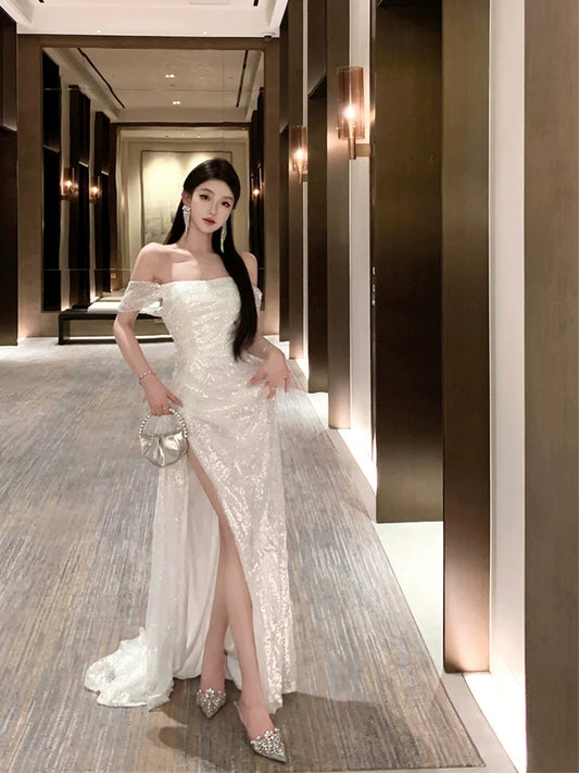 Engagement dress sequin strapless off shoulder evening dress S5869