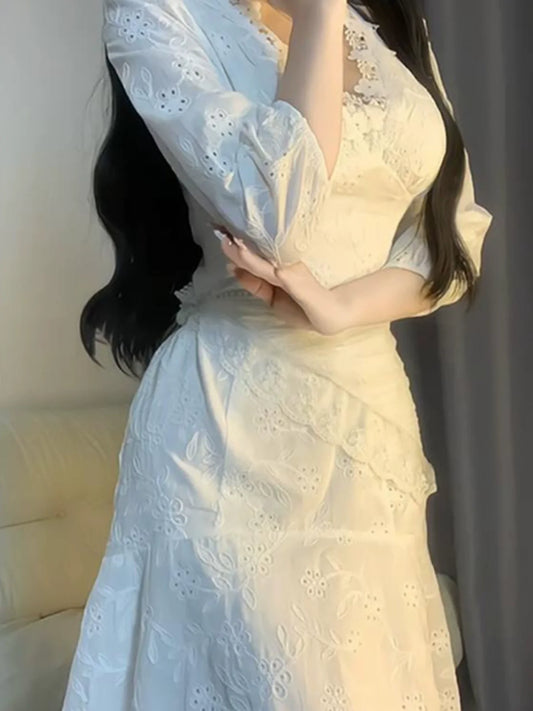 French retro puff sleeve embroidered lace dress S5762