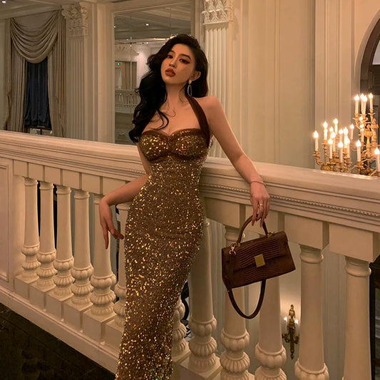 Birthday party dress sequin halter neck dress S5847