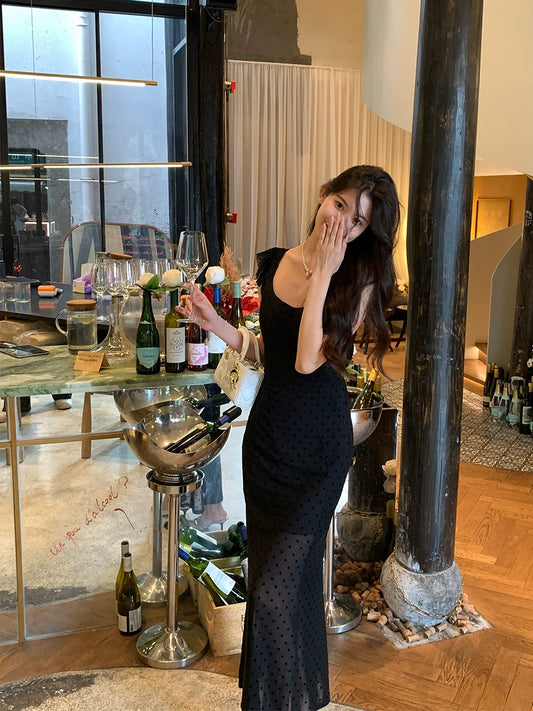 Black polka dot suspender dress women's chiffon sexy long party dress S5717