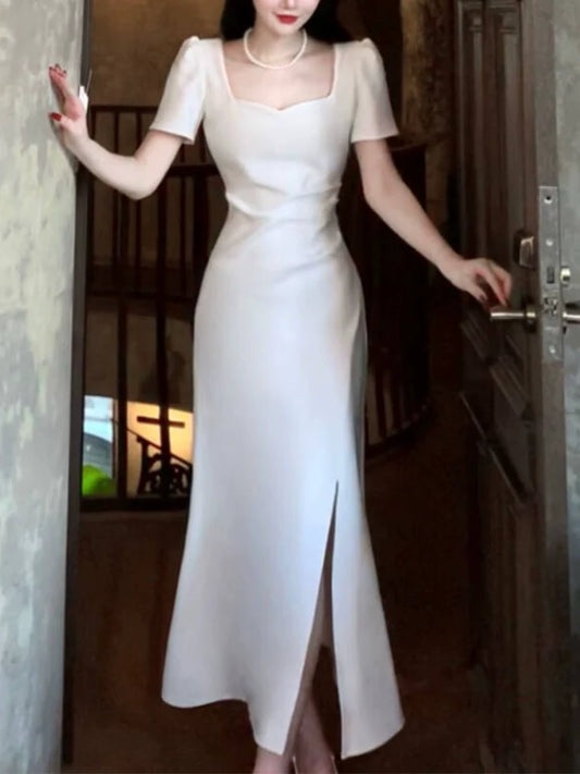Short-sleeved square-neck dress Summer long engagement dress S5969