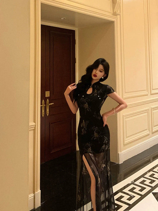 Black printed cheongsam dress new retro party dress S5693