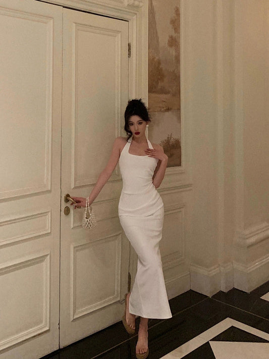 White halter neck dress summer new pleated party dress S5618