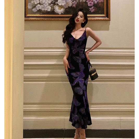Velvet suspender dress summer new butterfly mermaid party dress S5609