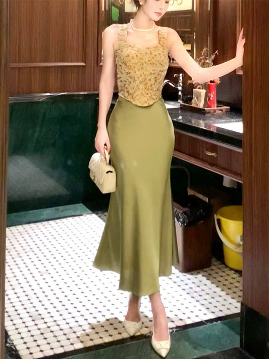 Retro Jacquard Suspender Top Satin Dress long party dress evening dress S6201