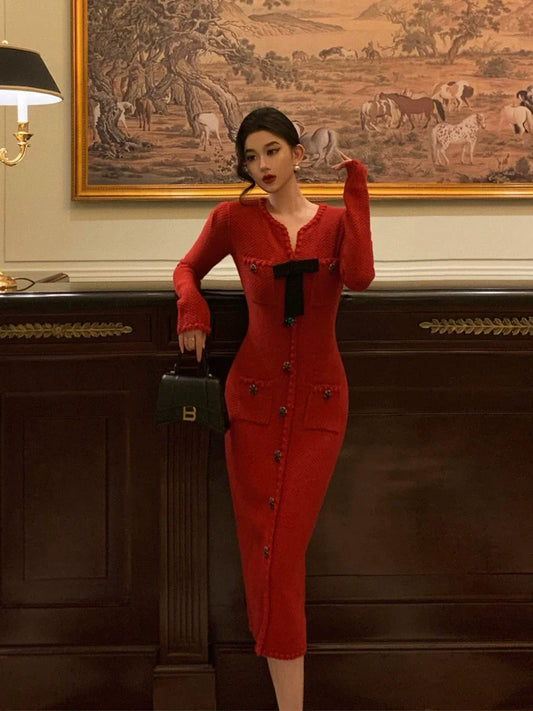 Red knitted dress for women V-neck party dress S5605