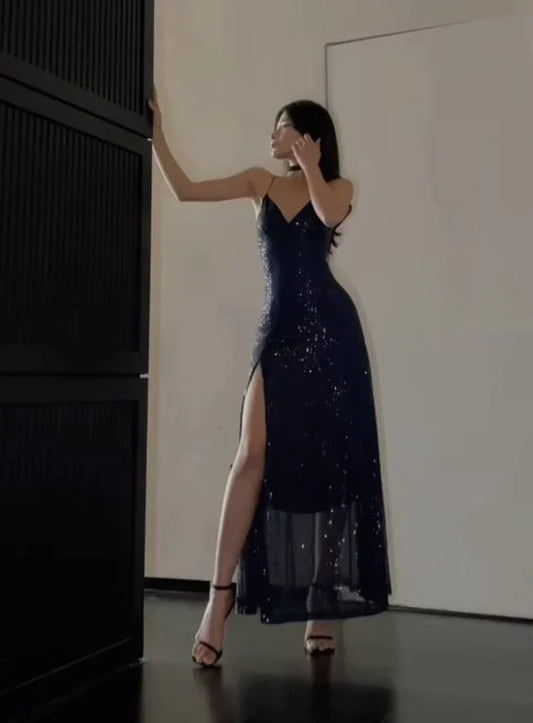 Spaghetti Straps Navy Blue Sequin Prom Dress Slit Evening Dress S6258