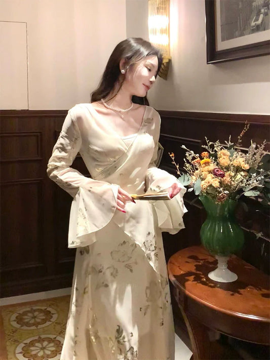 shimmering printed chiffon dress women 2025 long evening dress S6043