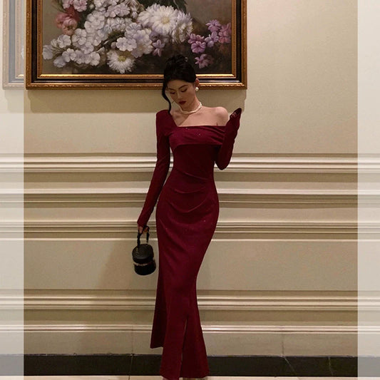 Red glitter dress new off-shoulder slit long party dress S5646