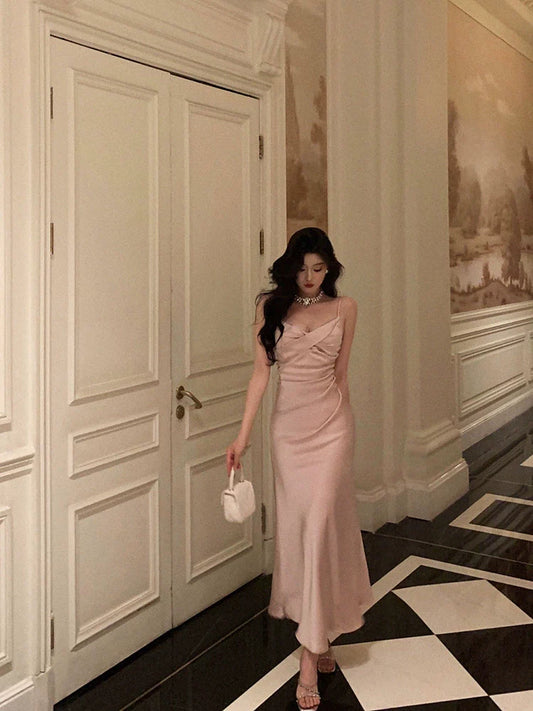 Pink satin suspender dress new style gentle mermaid party dress S5602