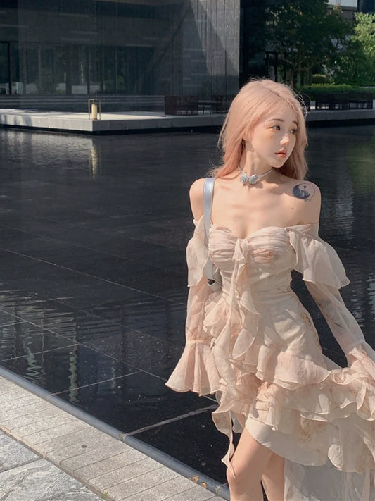 Ruffled off-shoulder chiffon dress irregular long party dress with train S5911