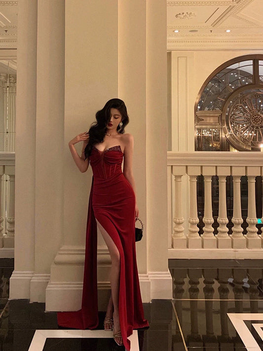 Red strapless dress new banquet sexy slit party long dress S5642