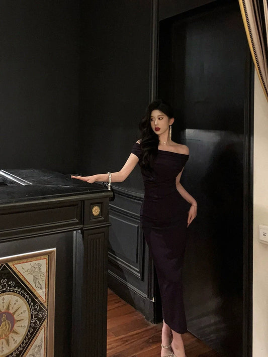 Purple off-shoulder sexy dress party dress S5612