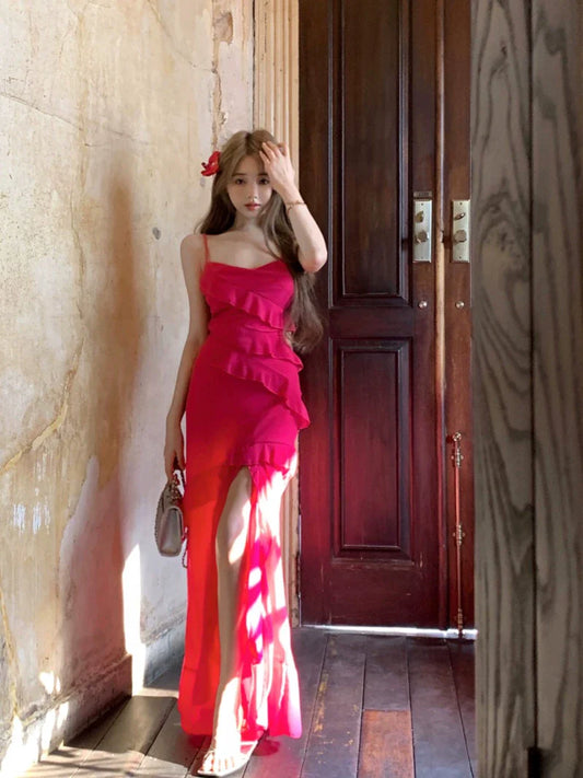 Hot pink ruffled dress summer sexy backless long party dress S5914