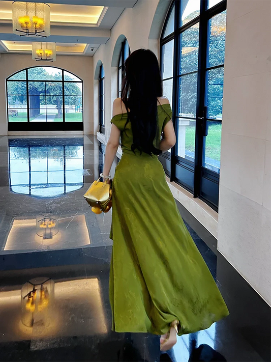 Jacquard off-shoulder dress long party dress S6152