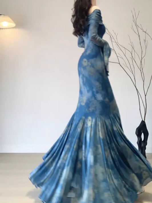 Mermaid Off The Shoulder Floral Blue Long Sleeves Party Dresses Birthday Outfits S5447