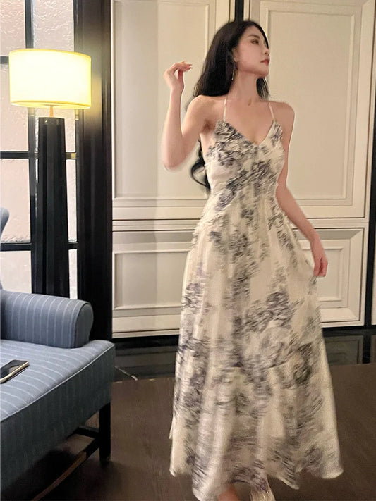 retro print halter dress summer new party dress S6138