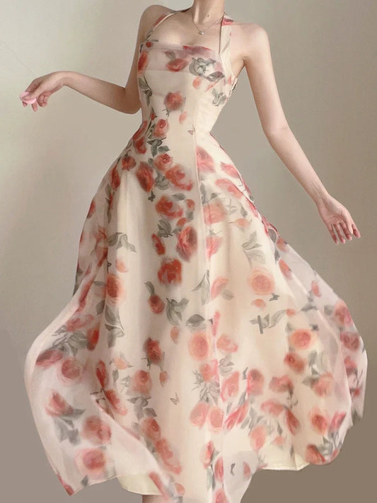 Birthday dress luxury seaside vacation halter neck suspender floral dress summer new style S5841