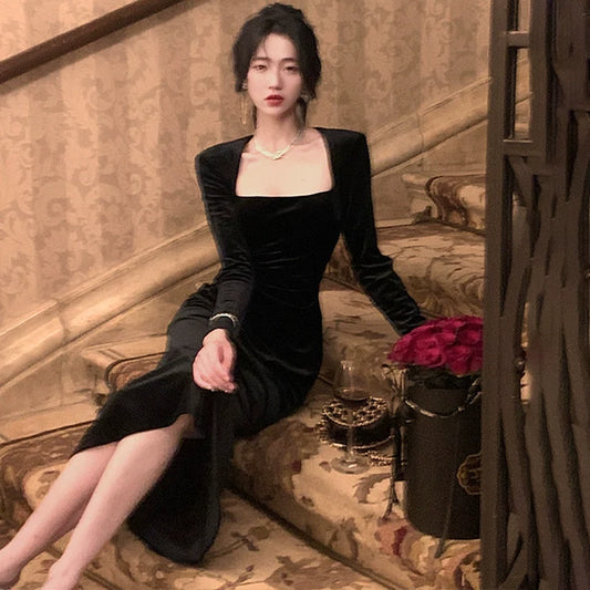 Black dress luxury dress mermaid velvet dress S5843