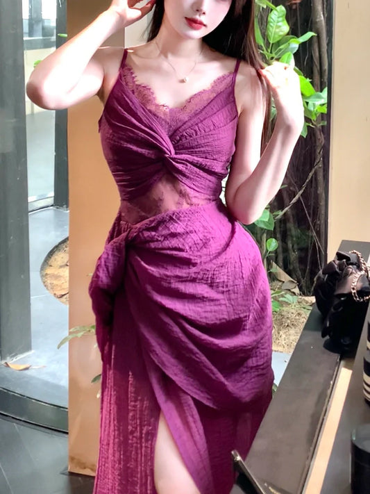 retro lace purple dress seaside holiday party dress S6095