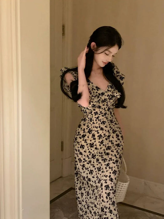 Ruffled V-neck floral dress for women new summer elegant long party dress S5809
