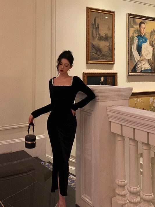 Black velvet dress women new square neck long sleeve party dress S5664