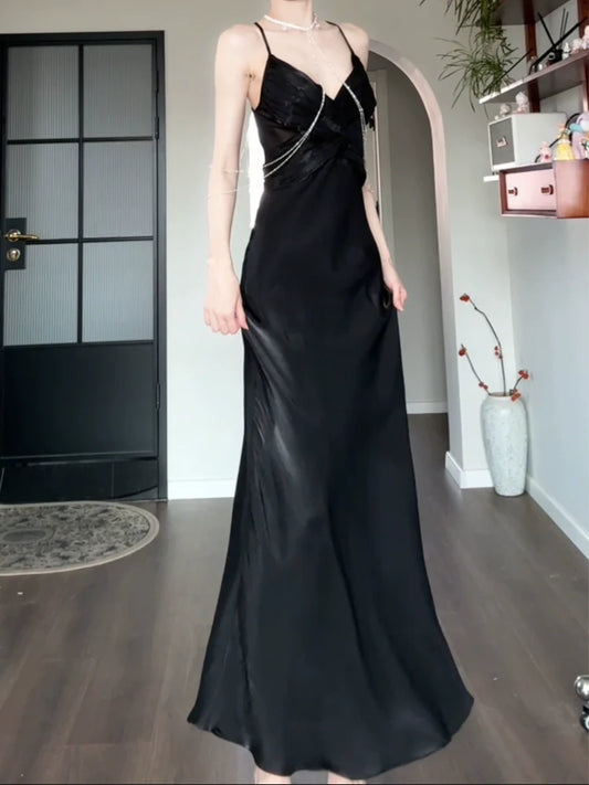 black dress for women satin long party dress S5978
