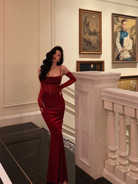 Sexy Sheath Spaghetti Straps Lace Red Velvet Evening Dresses Birthday Outfits With Gloves S5424