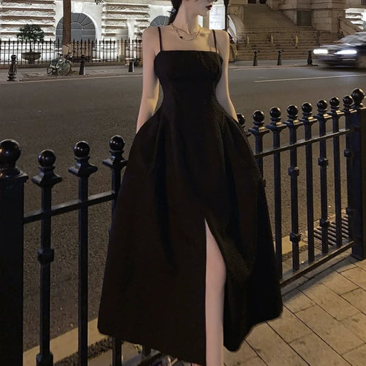 Black simple Spaghetti Straps dress women's summer long dress S5861