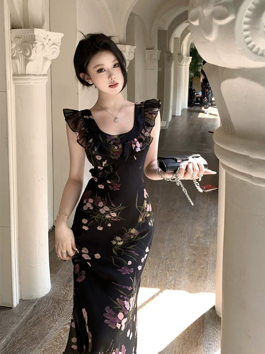 ruffled sleeves black floral dress summer long dress S5838