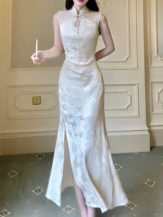 New Chinese style satin jacquard long party dress S5972