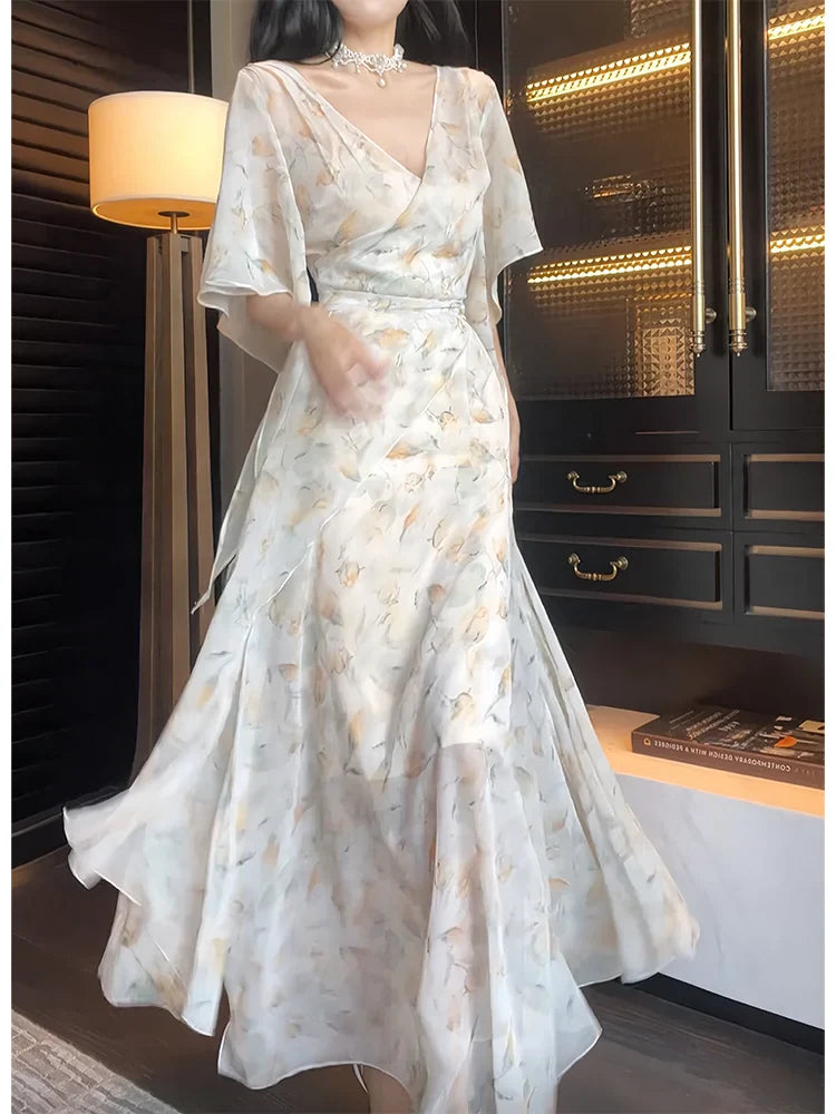 Floral V-neck summer suspender dress sleeves,long party dress S6158