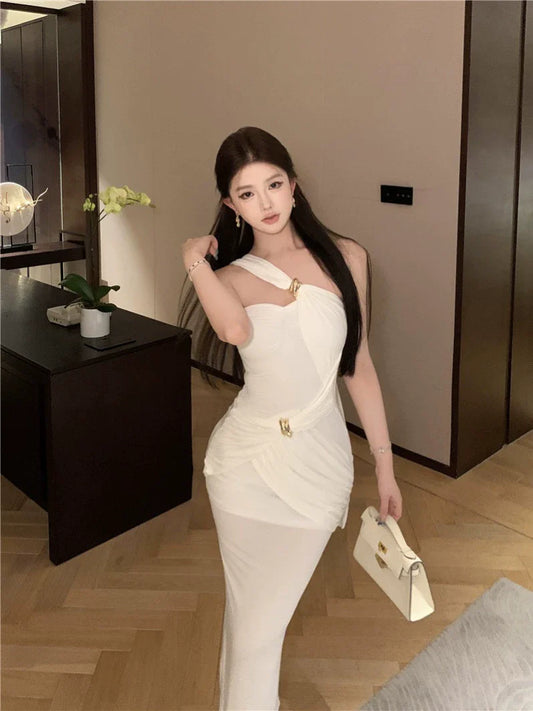 White pleated mermaid slit long party dress S5915