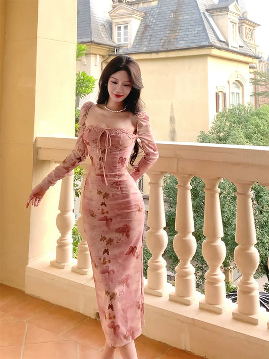 Retro Print Dress Butterfly Square Neck Puff Sleeve Elegant Long Dress S6030