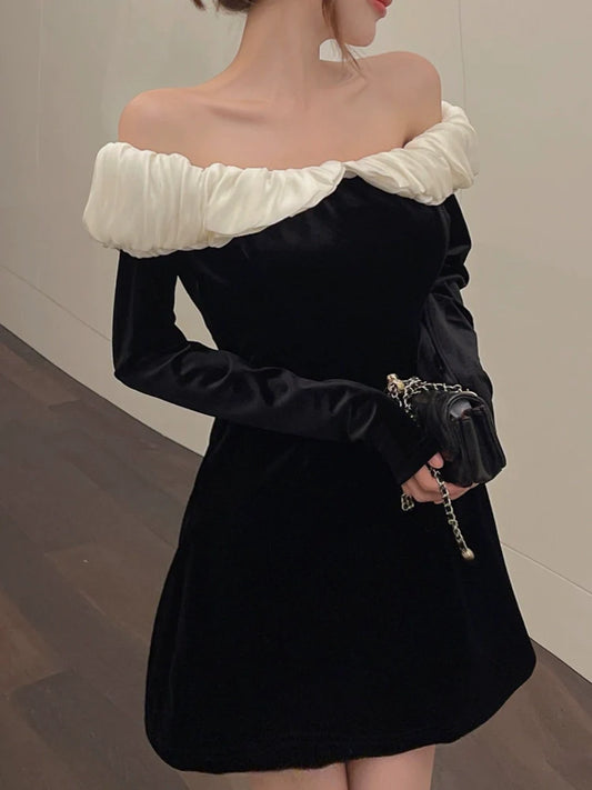 Birthday party dress off-shoulder long-sleeved black velvet dress S5773