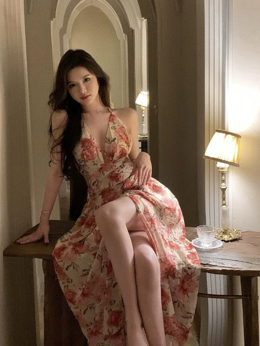 Beach vacation backless halter neck floral suspender dress sexy long dress S5805