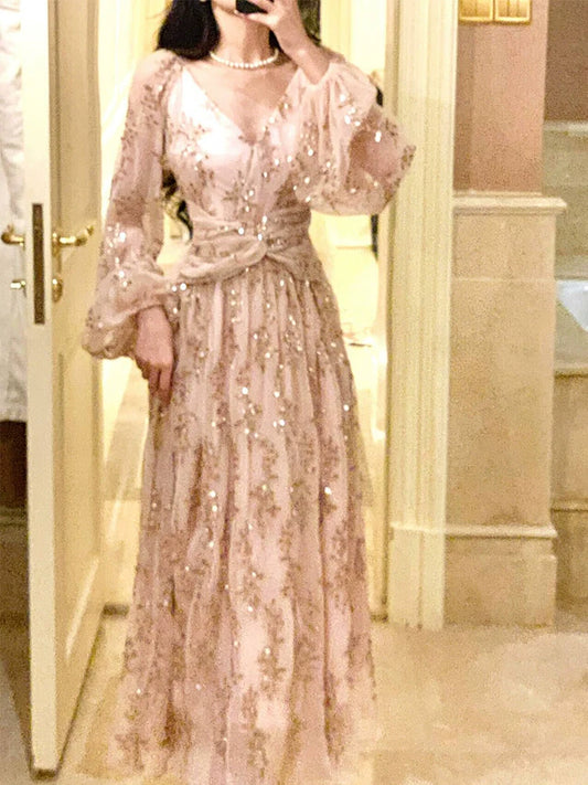 luxury V-neck sequined dress design puff sleeve long party dress S6060